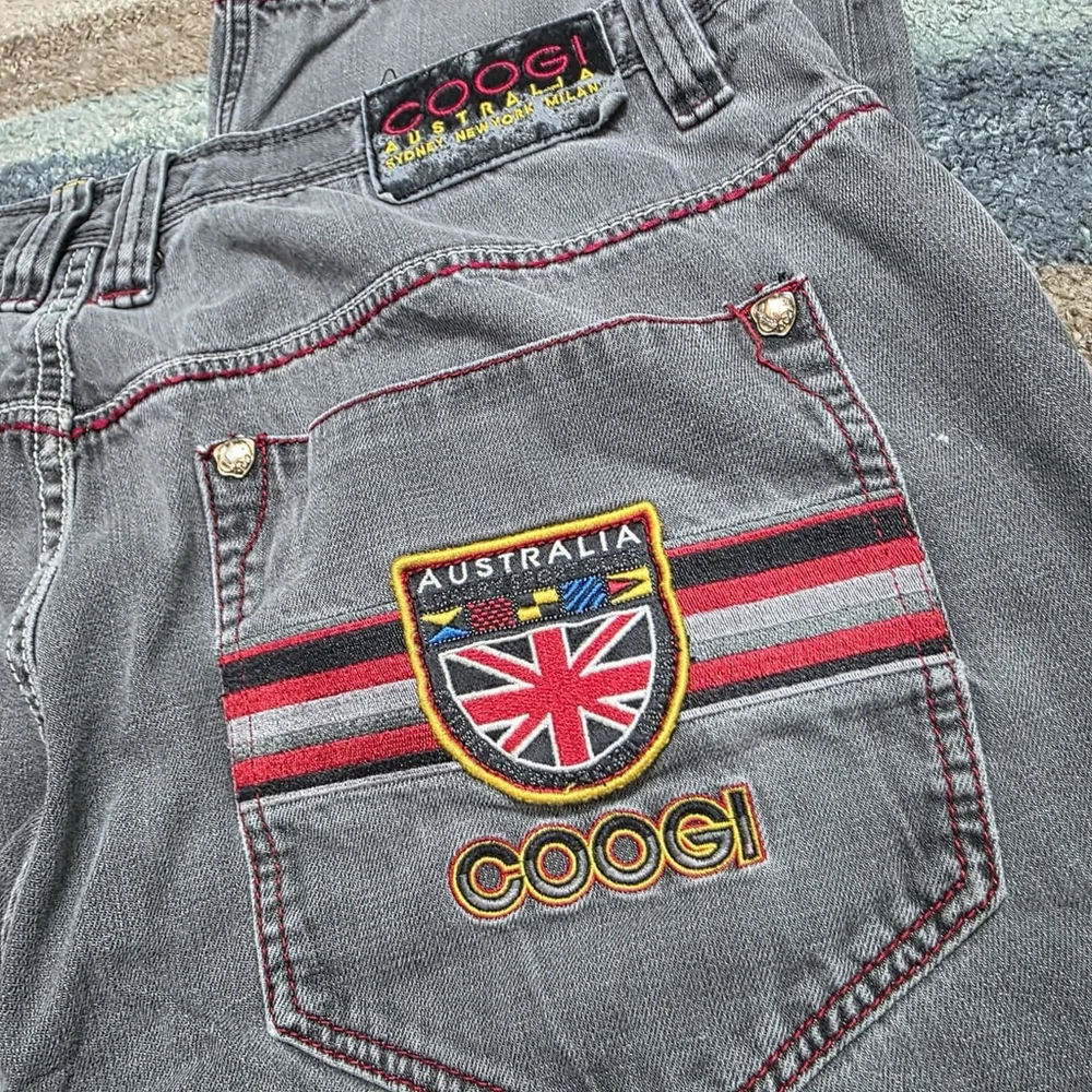 Coogi Australia Jeans W42 L35 Gray Baggy Embroidered Back Pockets Red Stitch